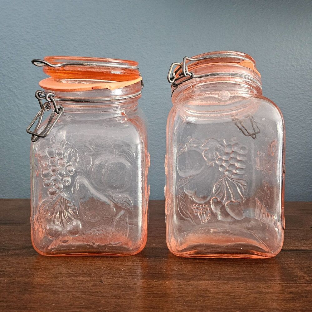 2 Vintage Pink Glass FARM'S PRODUCTS Slant Top Canisters Mason Jars Italy READ - Picture 2 of 6